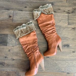 Wild Pair Furry Leather Knee High Boots